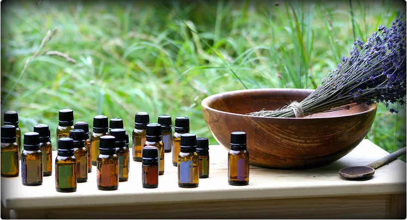 Essential oils bottles on table